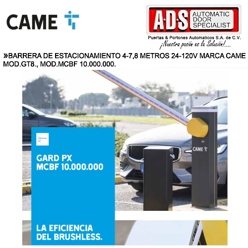 Barrera de Estacionamiento 8 Metros 24-120V Marca CAME MOD.GT8 CAME México - ADS Puertas & Portones Automáticos S.A. de C.V.